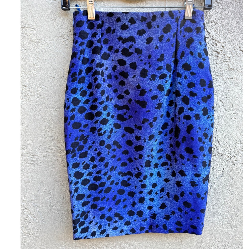Vintage Gianni Versace Couture Blue Leopard Pencil Skirt Sz 4 Glam Office Retro